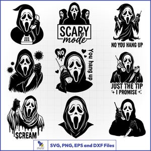 May include: A collection of nine black and white graphic illustrations featuring a masked figure in a hooded robe. The designs include various poses with telephones, knives, and text such as SCARY mode, NO YOU HANG UP, and JUST THE TIP I PROMISE.
