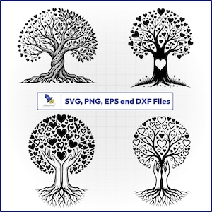 Op de afbeelding: Vier zwart-witte boomontwerpen. Twee bomen hebben hartvormige bladeren. De andere twee bomen hebben handen als onderdeel van het ontwerp. De tekst "SVG, PNG, EPS en DXF Files" is ook opgenomen.