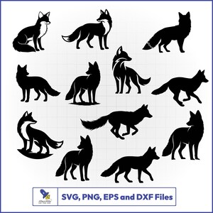 May include: A collection of black fox silhouettes in various poses, set against a light gray background. The image includes foxes in sitting, standing, and running positions. The bottom of the image includes the text "SVG, PNG, EPS and DXF Files".