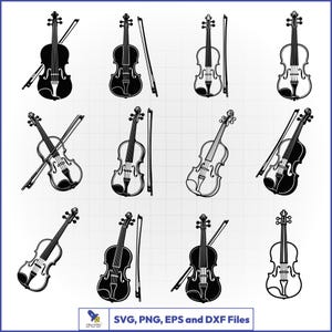 May include: A collection of black and white violin illustrations with bows. The violins are in various positions, some with bows crossed, others with bows beside them. The image includes the text "SVG, PNG, EPS and DXF Files".