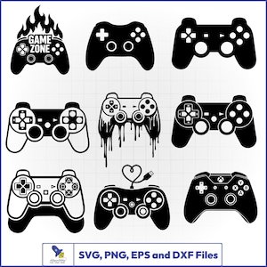 May include: A collection of nine black and white digital illustrations of various video game controllers. One controller features flames and the text GAME ZONE, another has a dripping effect, and one includes a heart-shaped cable. SVG, PNG, EPS and DXF Files.