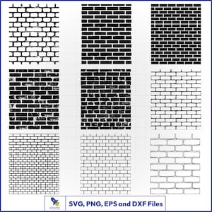 May include: A digital collection of nine distinct brick wall patterns presented in black and white. The designs include solid, distressed, and outlined brick textures. The bottom of the image features the text SVG, PNG, EPS and DXF Files.