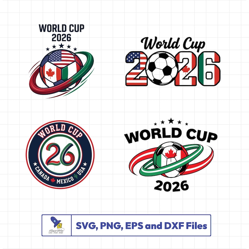 May include: Four World Cup 2026 logos. The logos feature soccer balls with flags of the USA, Canada, and Mexico. The text "World Cup 2026" is displayed in various designs. The bottom of the image includes the text "SVG, PNG, EPS and DXF Files."