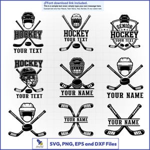 Può includere: Grafiche a tema hockey in bianco e nero. Ogni design presenta mazze da hockey, un casco e un disco. Il testo include "HOCKEY", "SENIOR HOCKEY", "YOUR TEXT" e "YOUR NAME". I design sono disponibili nei formati SVG, PNG, EPS e DXF.