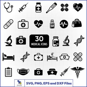Puede incluir: Una colección de 30 iconos médicos negros, que incluyen un estetoscopio, una jeringa, frascos de medicamentos, un termómetro, vendas, frecuencia cardíaca, un botiquín de primeros auxilios, un microscopio, una hebra de ADN, una cama de hospital, una mascarilla y un símbolo de caduceo. Se muestra el texto "30 MEDICAL ICONS".