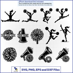 May include: A collection of black and white digital graphic designs featuring cheerleaders in various poses, pom-poms, and megaphones. Includes text placeholders reading YOUR NAME HERE and YOUR NAME, plus SVG, PNG, EPS and DXF Files labels.