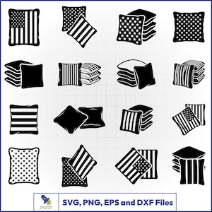 May include: A collection of sixteen black and white vector icons depicting square bean bags, some featuring American flag patterns with stars and stripes, others solid black or striped, with text at the bottom reading SVG, PNG, EPS and DXF Files.