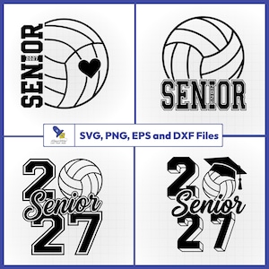 Könnte beinhalten: Eine Sammlung von vier schwarz-weißen digitalen Grafikdesigns mit Volleyballmotiven und dem Text SENIOR, 2026 und 2027. Die Designs enthalten Elemente wie ein Herz, eine Doktorhut-Grafik und fette Blockschrift auf einem weißen Rasterhintergrund.