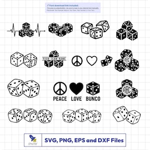 Bunco Dice SVG Bundle, Split Frame Monogramm, Peace Love Game Night, Rolling Cubes