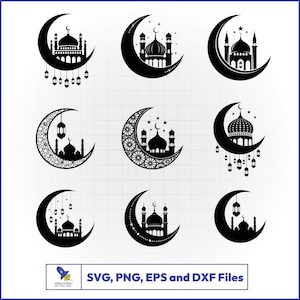 Può includere: Una collezione di nove disegni in bianco e nero di mezzelune e moschee. Ogni disegno presenta una silhouette di moschea all'interno di una mezzaluna, con variazioni nei dettagli e negli abbellimenti. L'immagine include il testo "SVG, PNG, EPS and DXF Files".