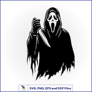 Op de afbeelding: Een zwart-witte grafische illustratie van een figuur met een kap en een spookachtig masker met een langwerpige mond en oogopeningen, die een scherp mes in een opgeheven hand houdt. De tekst onderaan luidt SVG, PNG, EPS and DXF Files.