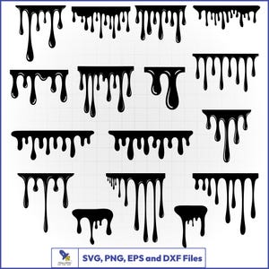 May include: A collection of black dripping paint designs in various shapes and sizes. The image includes the text "SVG, PNG, EPS and DXF Files". These designs are suitable for digital art projects and crafts.