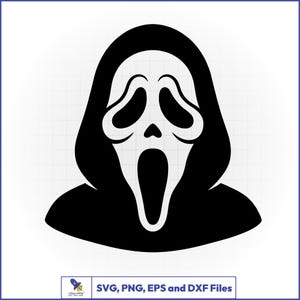 Puede incluir: Una ilustración gráfica en blanco y negro de una figura encapuchada con un rostro blanco alargado y distorsionado, ojos negros huecos y una boca negra muy abierta. Debajo, el texto dice SVG, PNG, EPS and DXF Files.