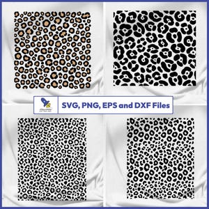 Puede incluir: Cuatro patrones de estampado de leopardo en marrón, negro y blanco se muestran sobre un fondo blanco. Los patrones incluyen variaciones de manchas y formas. También está presente el texto "SVG, PNG, EPS y DXF Files".