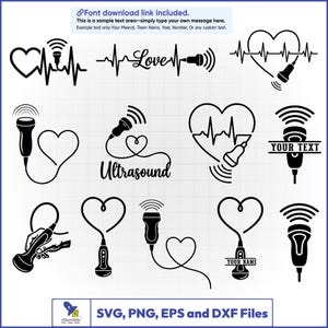 May include: Black and white vector graphics featuring ultrasound machine designs combined with hearts and waveforms. Includes text elements such as "Love", "Ultrasound", and areas for custom text. Available in SVG, PNG, EPS, and DXF file formats.
