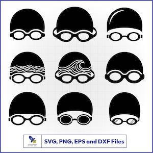 May include: Nine black and white swimming cap and goggle designs. Some caps have wave patterns. The image includes the text "SVG, PNG, EPS and DXF Files".