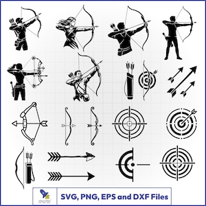 Bogenschießen SVG-Bundle, Bogen und Pfeil Vektor, Zielscheibenaufkleber, Schneidedatei für Bogenschützen