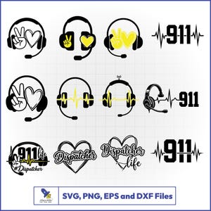 May include: A collection of black and white graphics featuring headsets, hearts, and the number 911. Some designs include the text "Dispatcher Life" and "#Dispatcher". The image also includes the text "SVG, PNG, EPS and DXF Files".