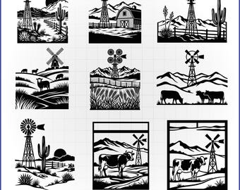 Paquete de archivos SVG de granero rústico, vector de molino de viento, calcomanía de paisaje de granja, archivo de corte de granja rural