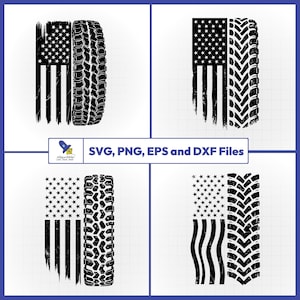 May include: Black and white graphic designs featuring the American flag combined with tire tread patterns. The designs include the text "SVG, PNG, EPS and DXF Files". The flag elements have a distressed, brushstroke effect.