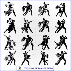 Pode incluir: Uma coleção de dezasseis silhuetas pretas representando pares de dançarinos em várias poses de dança de salão. As figuras são mostradas em movimento dinâmico com vestidos fluidos e trajes formais. O texto SVG, PNG, EPS and DXF Files é visível.
