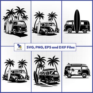 Pacchetto SVG Surf Van, camper retrò vettoriale, adesivo per tavola da surf, viaggio estivo in auto verso la spiaggia.