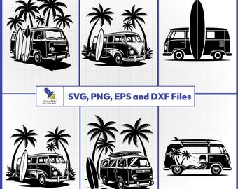Surf Van SVG Bundle, Retro Camper Vector, Surfboard Decal, Summer Beach Road Trip