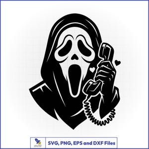 May include: A black and white graphic illustration of a hooded figure with a ghost-like mask holding a vintage telephone handset. Two small hearts are positioned near the hand. The text at the bottom reads SVG, PNG, EPS and DXF Files.