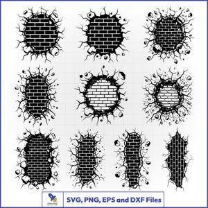 May include: A collection of nine black and white digital illustrations depicting various shapes of brick walls with jagged, cracked edges. The graphic designs feature broken masonry patterns and include text at the bottom stating SVG, PNG, EPS and DXF Files.