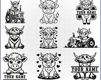 Highland Cow SVG Bundle, Baby Cow Vector, Tractor Split Monogram, Farmhouse Animal Decal