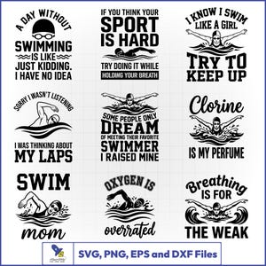 Op de afbeelding: Een verzameling van negen zwart-wit grafische ontwerpen met zwemillustraties en teksten zoals A Day Without Swimming Is Like Just Kidding, I Know I Swim Like A Girl, en Chlorine Is My Perfume, gerangschikt in een raster.