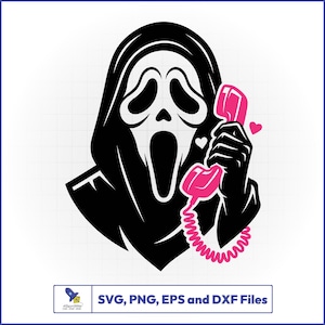 Puede incluir: Gráfico en blanco y negro de una máscara de Scream sosteniendo un auricular de teléfono rosa con un cable rosa. Dos pequeños corazones rosas están al lado del teléfono. El texto "SVG, PNG, EPS y DXF Files" está en la parte inferior.