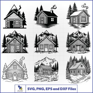 May include: A collection of nine black and white graphic illustrations featuring log cabins, pine trees, and mountain landscapes. The bottom banner includes the text SVG, PNG, EPS and DXF Files and a small rocket logo icon.