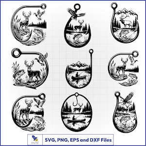 Hunting Fishing SVG Bundle, Fish Hook Frame, Deer Duck Bass Vector, Outdoor Lifestyle Decal
