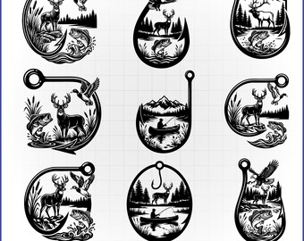 Hunting Fishing SVG Bundle, Fish Hook Frame, Deer Duck Bass Vector, Outdoor Lifestyle Decal