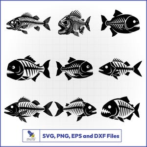 May include: Black and white illustrations of fish skeletons in various poses. The image includes nine different fish skeleton designs, each with detailed rib cages, spines, and fins. The bottom of the image includes the text "SVG, PNG, EPS and DXF Files".