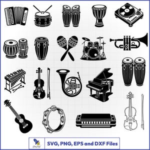 Könnte beinhalten: Eine Sammlung schwarzer Silhouetten-Icons verschiedener Musikinstrumente, darunter ein Akkordeon, Trommeln, Maracas, eine Trompete, ein Xylophon, eine Geige, ein Waldhorn, ein Flügel, eine Gitarre, ein Tamburin und eine Mundharmonika, mit dem Text SVG, PNG, EPS and DXF Files.