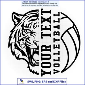 Peut inclure: Un design graphique en noir et blanc avec une composition divisée. Le côté gauche montre le profil d'une tête de tigre rugissant avec des rayures détaillées. Le côté droit présente un ballon de volley et le texte vertical YOUR TEXT VOLLEYBALL.