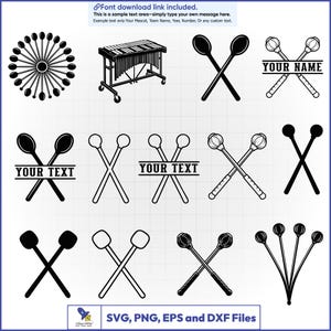 May include: A collection of black and white digital graphic designs featuring various percussion mallets, drumsticks, and a xylophone. Several designs include horizontal bars with the placeholder text YOUR NAME or YOUR TEXT for customization.