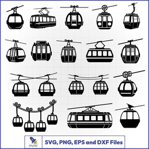 May include: A set of black and white illustrations depicting different cable cars and gondolas. The image showcases various designs of aerial tramways, ideal for digital design projects. The text at the bottom reads "SVG, PNG, EPS and DXF Files."
