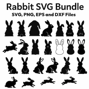 May include: A collection of black rabbit silhouettes in various poses, including standing, sitting, and leaping. The image includes the text "Rabbit SVG Bundle" and file type information: SVG, PNG, EPS, and DXF files. The rabbits are depicted in a simple, graphic style.