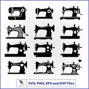May include: A collection of black sewing machine silhouettes in various styles, each with unique details like hearts and floral patterns. The image includes the text "SVG, PNG, EPS and DXF Files".