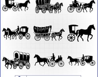 Hästdragen vagn SVG-paket, täckt vagnvektor, pionjärsilhuett, vintage western clipart