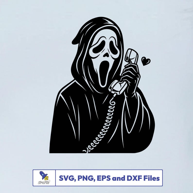 Peut inclure: Graphique noir et blanc du personnage de Ghostface du film d'horreur Scream, tenant un combin&eacute; t&eacute;l&eacute;phonique. Le personnage porte une robe &agrave; capuche noire. Un petit c&oelig;ur noir est &agrave; c&ocirc;t&eacute; du t&eacute;l&eacute;phone. L'image comprend le texte "SVG, PNG, EPS et DXF Files".