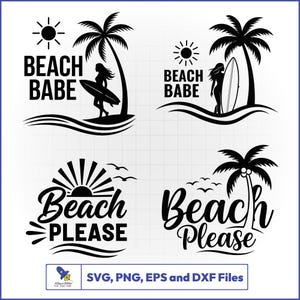 Op de afbeelding: Zwart-wit strandthema graphics. Ontwerpen bevatten de woorden "Beach Babe" met een vrouw en een surfboard, en "Beach Please" met een zon en palmbomen. Inclusief SVG-, PNG-, EPS- en DXF-bestanden.