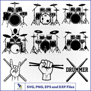 May include: A collection of black and white vector graphics featuring various drum kits, a drummer silhouette, hands holding drumsticks, and the text DRUMMER. The set includes SVG, PNG, EPS, and DXF file formats for digital design and cutting projects.