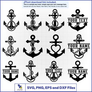 May include: A collection of twelve black anchor graphic designs on a white grid background. Several anchors feature rope detailing, heart shapes, or horizontal banners with the placeholder text YOUR TEXT and YOUR NAME in a bold serif font.