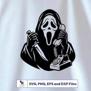 Peut inclure: Graphique noir et blanc d'une figure avec un masque de Scream tenant un couteau et un t&eacute;l&eacute;phone. La figure porte une robe &agrave; capuche. L'image comprend le texte "SVG, PNG, EPS et DXF Files".