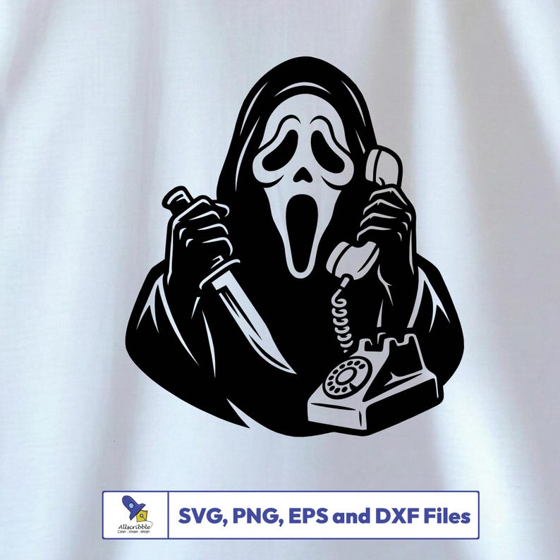 Peut inclure: Graphique noir et blanc d'une figure avec un masque de Scream tenant un couteau et un t&eacute;l&eacute;phone. La figure porte une robe &agrave; capuche. L'image comprend le texte "SVG, PNG, EPS et DXF Files".