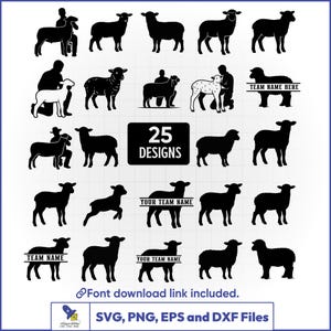 May include: A digital design set featuring 25 sheep-themed designs in black and white. Includes various sheep silhouettes, some with people, and text areas for customization. The image also includes the text "25 DESIGNS" and file type information.